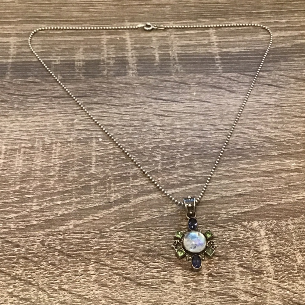 Sterling Silver Moonstone Iolite & Citrine Pendant & Chain Necklace 18" Long